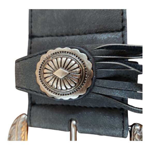 Leather belt fringe with silver color accents sz large Wide western boho black - Picture 11 of 16